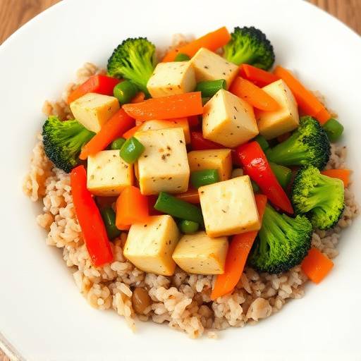 A colorful stir-fry with tofu, broccoli, bell peppers, and carrots served over brown rice.