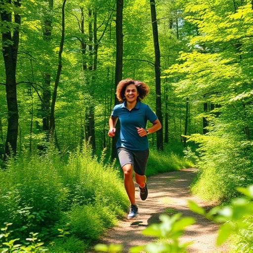 A person joyfully running on a trail surrounded by lush greenery