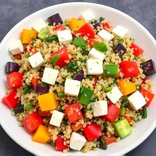 A vibrant bowl of quinoa salad with colorful vegetables and feta cheese