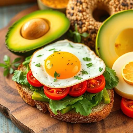 Avocado toast topped with a fried egg, sliced tomatoes, and everything bagel seasoning, sitting on a rustic wooden board.