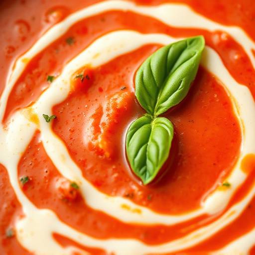 Close-up of a bowl of creamy tomato soup garnished with fresh basil and a swirl of cream.