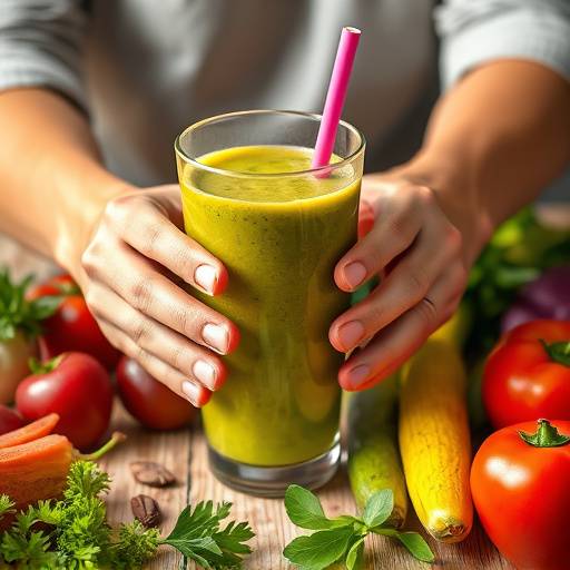 Hands preparing a nutritious smoothie with fresh fruits and vegetables