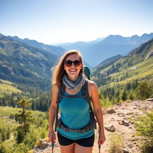 Sarah Johnson, hiking in the mountains, looking happy and healthy